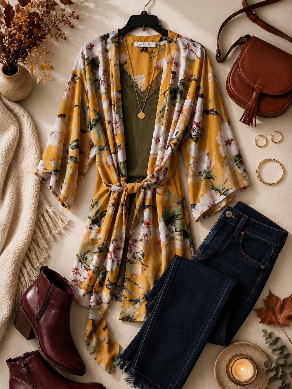 Planet Gold Mustard Floral Kimono Tie-Front Jacket